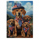 Patriotic Plott Hound Dog Family in American Flag Bandanas and Hats Celebrating Independence Day in Scenic Mountains on Ready to Hang 1.5" Thick Canvas Wrap, Floating Framed Canvas, Flat Rolled Canvas